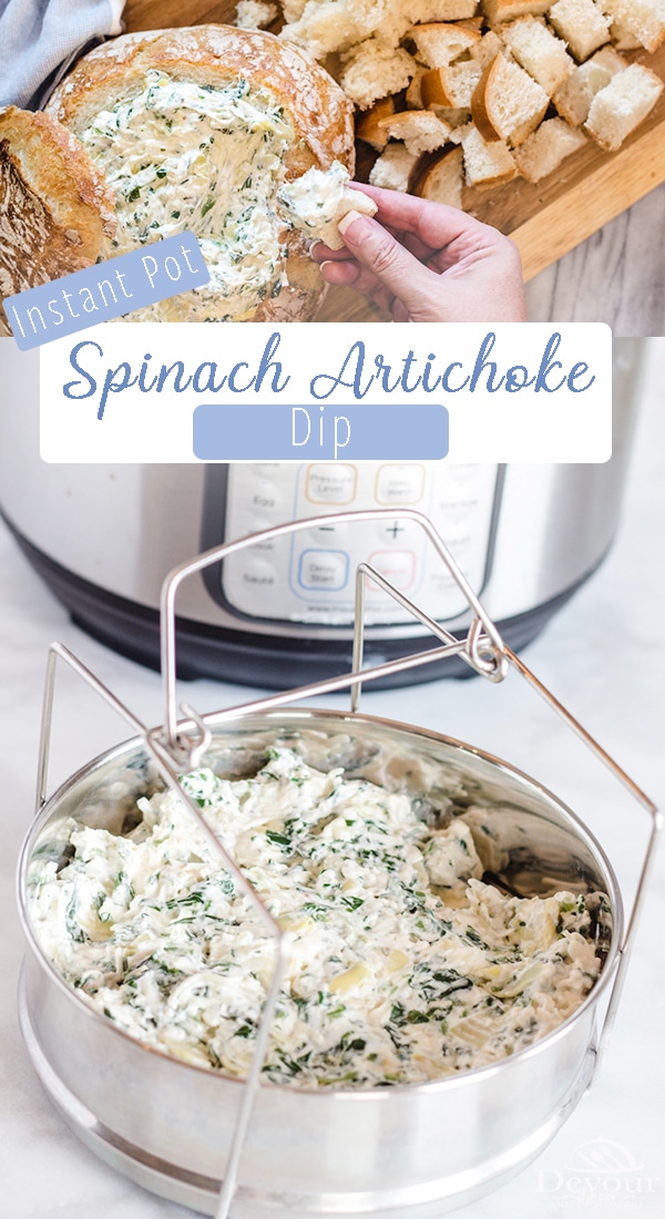 Perfect Appetizer Recipe that is a crowed pleaser. Spinach Artichoke Dip Recipe can be made in less than 10 minutes in your pressure cooker or 20 minutes in the oven. Easy recipe that can be thrown together early and heated when you need it. Family Friendly and delicious. #instantpot #instantpotrecipe #Ovendirections #Appetizer #appetizerrecipe #devourdinner #easyrecipe #easyappetizerrecipe #spinach #spinachartichoke #spinachartichokedip #bread #recipe #recipes #food #foodie #yum #yummy #love