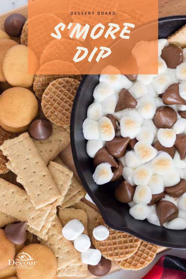 Smore dip is a great way to bring the flavors of summer indoors and relive those glorious camping days without the mosquitos and sunburns. With delicious melted chocolate, marshmallows and graham crackers, you really can’t beat it! This fun dessert Charcuterie will make memories with whomever you choose to share it with. #devourdinner #smores #smoresdessert #dessertrecipe #charcuteriedessert #easydessertrecipe #smorecharcuterie #fondue #food #foodie #recipe #recipes #dessert #easydessert #yum