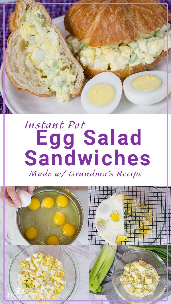 Egg salad served on a flaky croissant is a great way to enjoy egg salad sandwiches. This sandwich filling is pretty traditional but Grandma's Recipe is best. This recipe is easy in the Instant Pot or Pressure cooker. Make an egg loaf for easy clean up. #devourdinner #eggsalad #eggsaladsandwich #instantpot #pressurecooking #sandwich #lunchrecipe #easyinstantpot #yum #yummy #Recipe #recipes #easyrecipe #eggloaf #