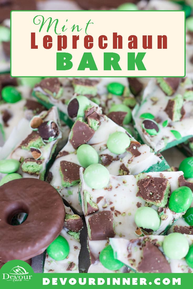 Leprechaun Bark is a white chocolate bark turned into a delicious candy treat. Well, technically it’s green- it’s for St. Patricks Day, so of course, it HAS to be festive! #devourdinner #easydessert #chocolatebark #holidaybark #leprechaunbark #whitechocolatebark #recipeoftheday #easydessert #easyrecipe #food #yum #yummy #foodiefriday #instantpot #instantpotrecipe #easyinstantpotdessert #dessert #dessertrecipe #chocolate #cookies #candywafers #wilton