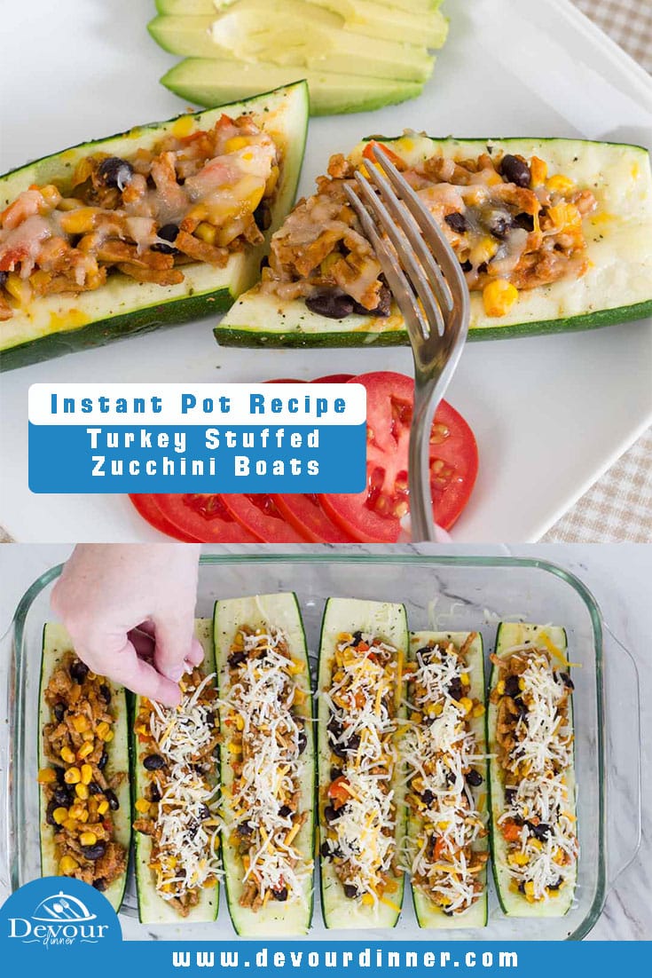 You're going to love these Taco Stuffed Zucchini Boats! They're so light and filling that they are perfect for summer when your garden has a lot of zucchini growing or you just want to enjoy a fresh tasting meal. Packed with healthy ingredients and nutrition, these zucchini boats are good for you too! #devourdinner #zucchiniboat #groundturkey #tacostuffedzucchiniboats #recipe #instantpot #instantpotrecipe #zucchiniboatrecipe