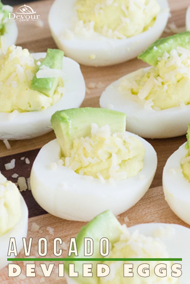 These avocado eggs are a fun and unique twist to the traditional deviled egg recipes. With natural green coloring they can even be considered festive. Green eggs, and ham for a Dr. Suess party or enjoy them in March in honor of St Pattys Day! #devourdinner #devourpower #easyappetizer #appetizer #appetizerrecipe #instantpot #instantpotrecipe #easyinstantpot #deviledeggs #avocado #avocadodeviledeggs #recipe #recipes #yum #yummy