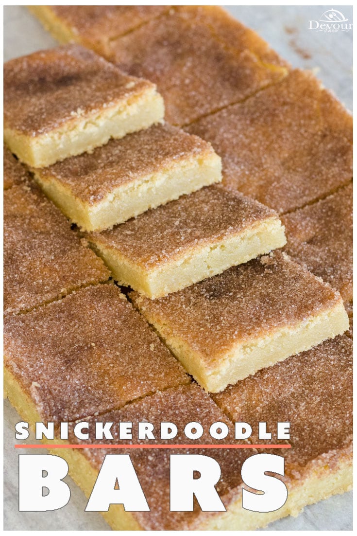 Snickerdoodle bars are a delicious version of your favorite cookie treat. With this simple cookie recipe you can make several servings in less time. These bar cookies let you have total control over portion sizes too! #devourdinner #devourpower #snickerdoodle #cookies #snickerdoodlebars #dessert #easydessert #barcookies #foodiefriday #yum #yummy #easycookierecipe #snickerdoodlecookie