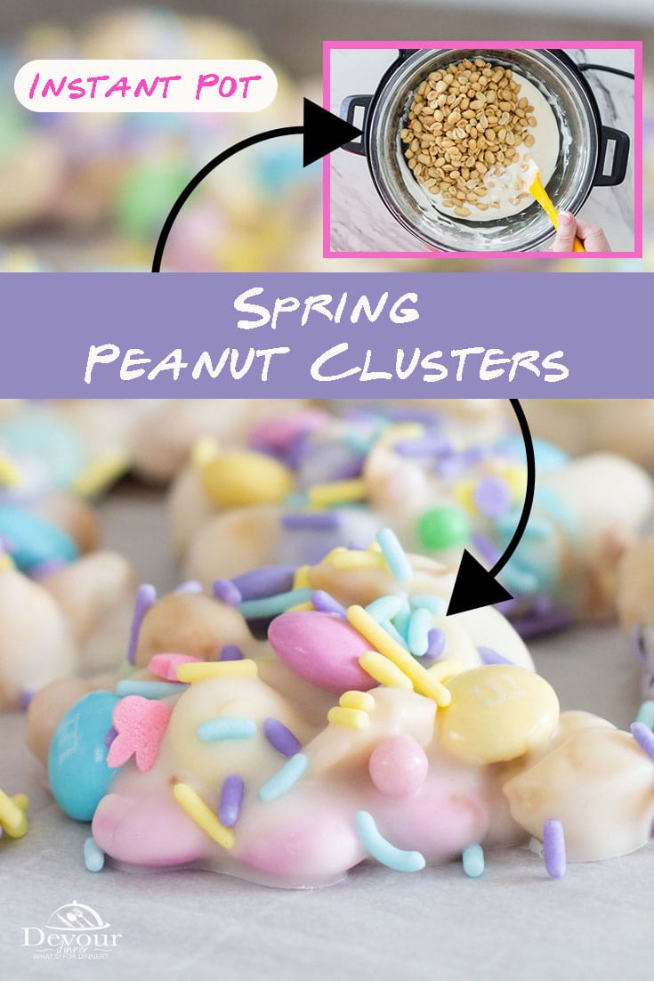 Make Spring Peanut Clusters using an Instant Pot Pressure Cooker to melt chocolate smooth. Easy to make with Peanuts, Spring M&M's and White Chocolate. Top with Holiday Sprinkles for a fun and tasty treat. Peanut Clusters are America's Favorite and you can make at home. #devourdinner #devourpower #easyrecipe #peanutclusters #easycandy #easterrecipe #easter #bonappetitmag #thekitchn #recipeoftheday #americastestkitchen #buzzfeedfood #cooksillustrated #foodblogfeed #droolclub #makeitdelicious