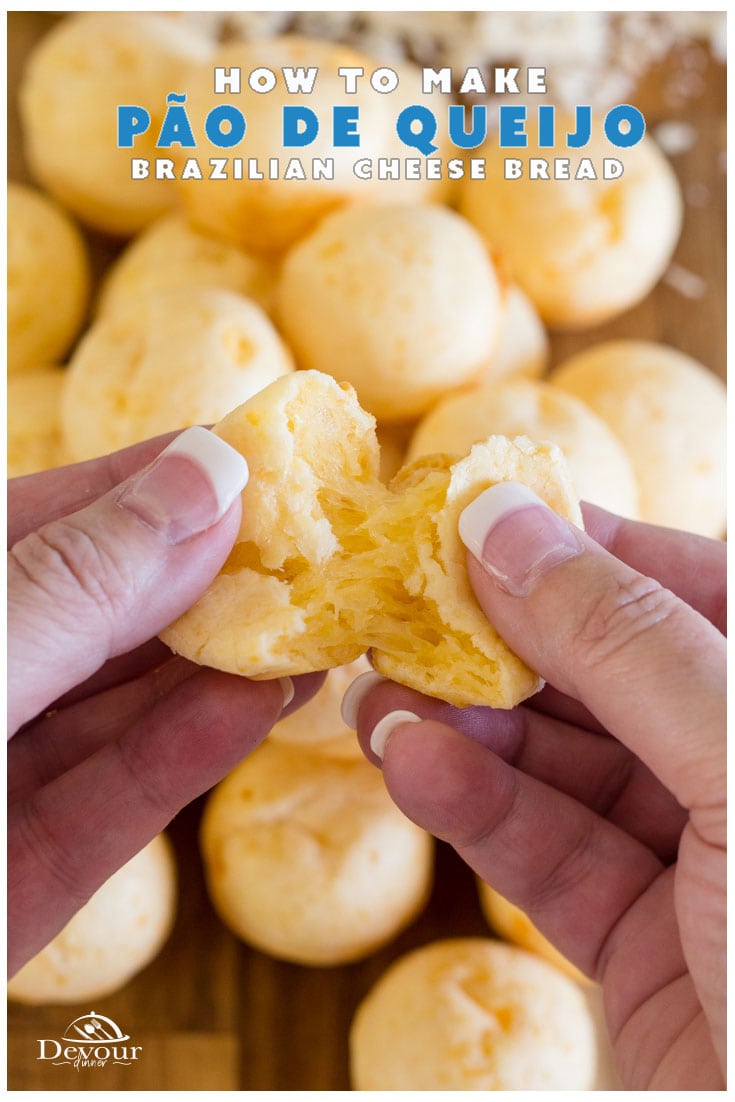 Easy to make Brazilian Cheese Bread is a traditional Recipe served as an appetizer or even for breakfast. Gluten Free and delicious makes this simple recipe a perfect choice to serve along with any meal. Throw ingredients in a blender and bake using a mini muffin tin for the perfect bite size cheese balls. #devourdinner #easyrecipe #easybreadrecipe #glutenfree #GF #braziliancheesebread #brazilianrecipe #pãodequeijo #appetizerrecipe #easyappetizer #breakfastrecipe #bread #yum #yummy