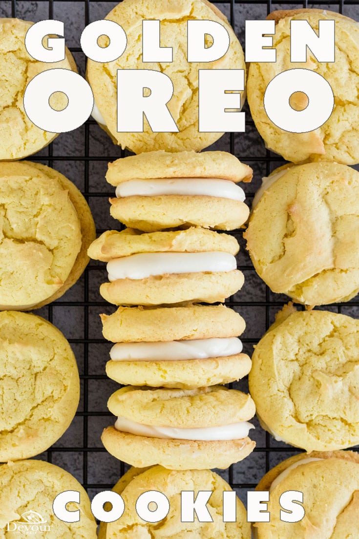 Golden Oreos are a delicious treat that many of us can agree tastes great! My boys fight for their "fair share" and often sneak extra. They are that good! Made with a Yellow Cake Mix, these Cake Mix Cookies are delicious that you will go back for more! #oreo #oreos #oreocookies #cakemixcookie #cakemixcookies #yellowcakemix #Goldenoreo #Goldenoreos #devourdinner #devourpower #cookie #recipe #easycookie #easydessert #easycookierecipe #food #yum #yummy