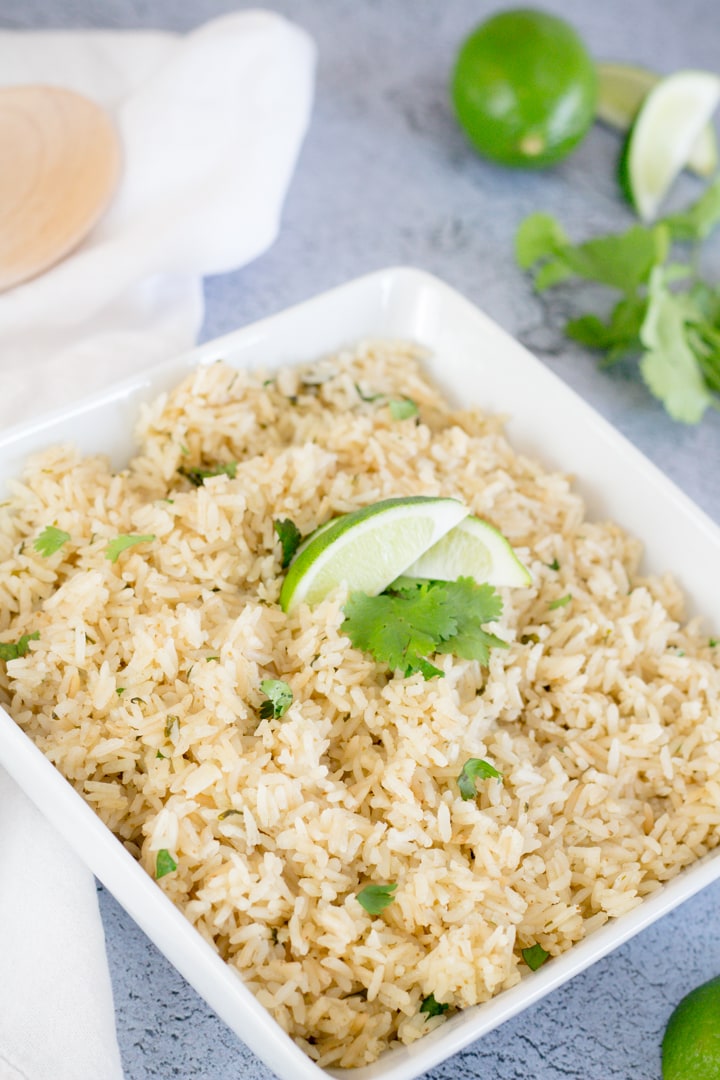 Cilantro Lime Rice in a square white dish.