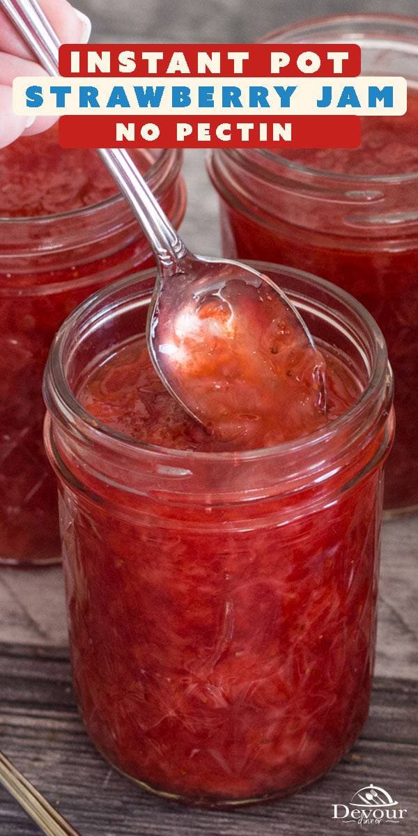 Remembering Grandma's Strawberry Jam brings back wonderful memories. So why not make that same delicious jam for your family and let them know you care! This quick and easy 3 ingredient recipe has low sugar and no pectin. It's perfect to freeze and save for a rainy day! #devourdinner #devourpower #strawberry #strawberryjam #strawberryjamrecipe #instantpotrecipe #instantpotstrawberryjam #easyrecipe #recipe #fruitjam #nopectinrecipe #sidedish #jam #freezerjam #instantpotjam