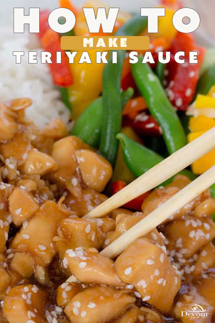 How to make Teriyaki Sauce with 6 ingredients is quick and easy. Better than store bought and you will love the sweet and tangy sauce on chicken, beef, or a simple rice bowl. We love to make it fresh at home and put over veggies and noodles. Perfect Teriyaki taste. Rice Bowls will never be the same. We promise. #food #foodie #recipe #recipes #foodblogger #devourdinner #Kikkoman #Teriyaki #teriyakisauce #ricebowl #chicken #steak #Pork #Japanesenoodles #grill #Dinner #Sauce #sidedish #appetizer