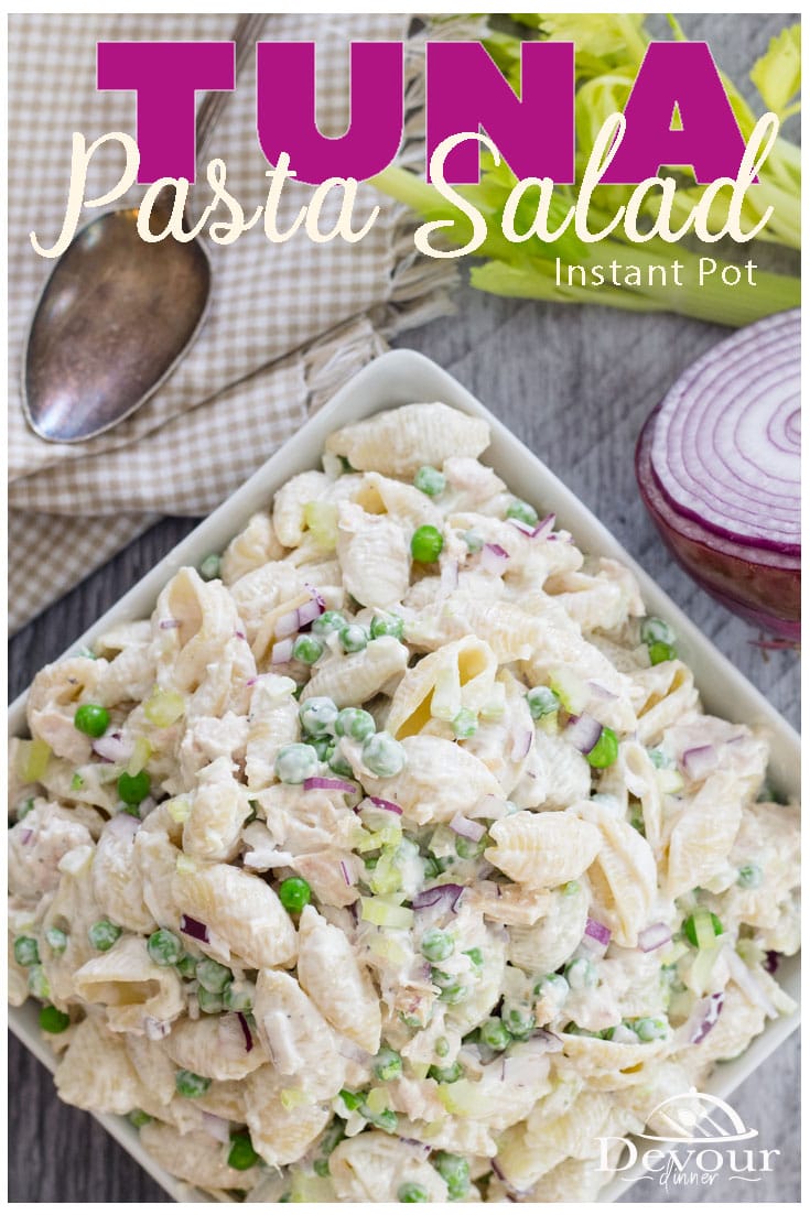Cold Tuna Pasta Salad is a delicious dish to take to your next potluck or barbecue. Friends will be impressed and go back for seconds with this easy Tuna Salad Recipe. I love that I can make this recipe in the Instant Pot or Pressure Cooker as well as on the stove. It's a winning recipe in my home, what about yours? #devourdinner #devourpower #tunapastasalad #tunasalad #pastasalad #pastasaladrecipe #easyrecipe #easysidedish #pasta #instantpot #instantpotrecipe #instantpottunapastasalad
