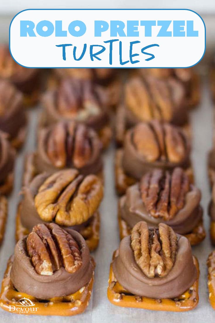 If you haven't tried Rolo Pretzel Turtles, you are missing out. Not only is this recipe super simple, it also will curb your appetite for something sweet too. If you enjoy something crunchy, sweet and chocolatey, that is. Made with Rolo Candies, Pretzels and Pecans. In just a few minutes you can have a delicious treat. #devourdinner #devourpower #roloturtles #rolopretzelturtles #dessert #easydessertrecipe #easydessert #easyrecipe #rolo #pecans #turtlerecipe #recipe #recipes #food #foodie