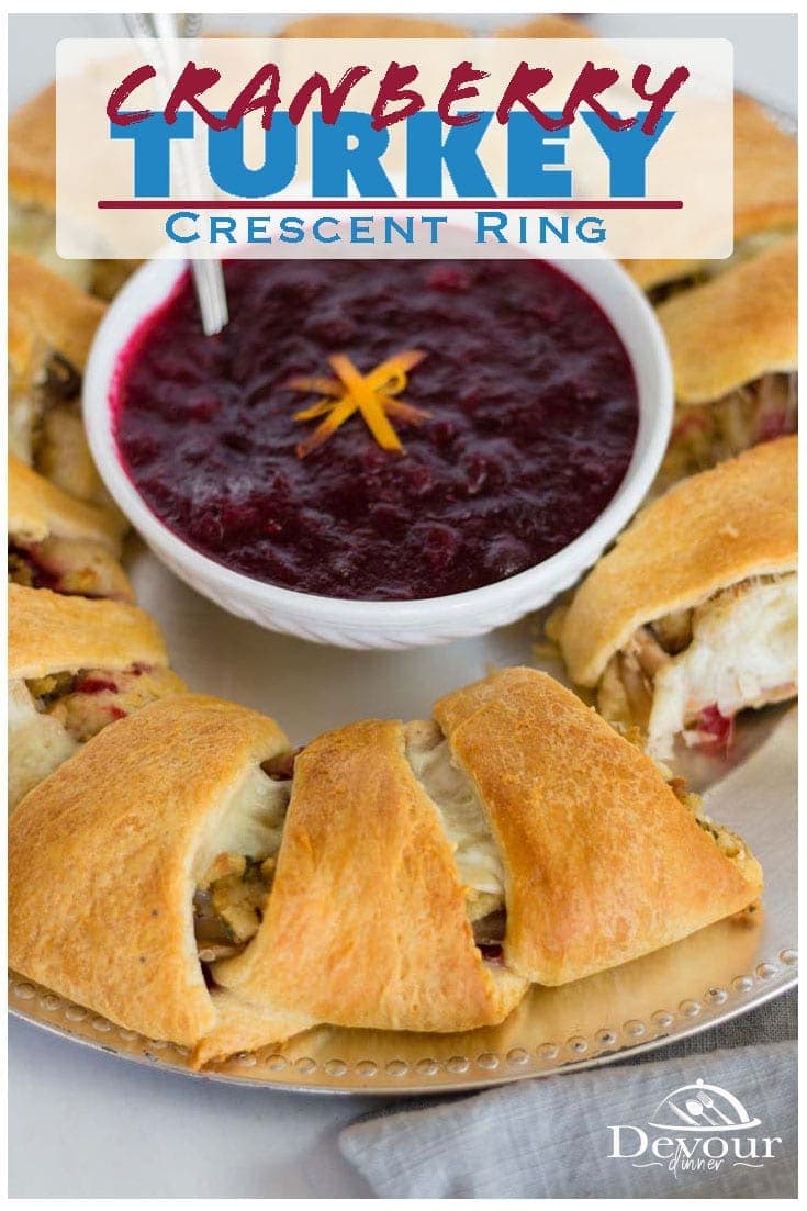 You are going to love this simple Turkey stuffed crescent ring. A perfect sandwich recipe for using thanksgiving holiday leftovers. Packed with great flavors and textures that all work well together, you're going to wish you could eat it more often. These sandwiches are great for appetizers, lunch, or even a light dinner. Enjoy them today by checking out this easy recipe! #devourdinner #easyrecipe #turkey #leftovers #leftoverturkey #easyrecipes #turkeycrescentring #devourpower