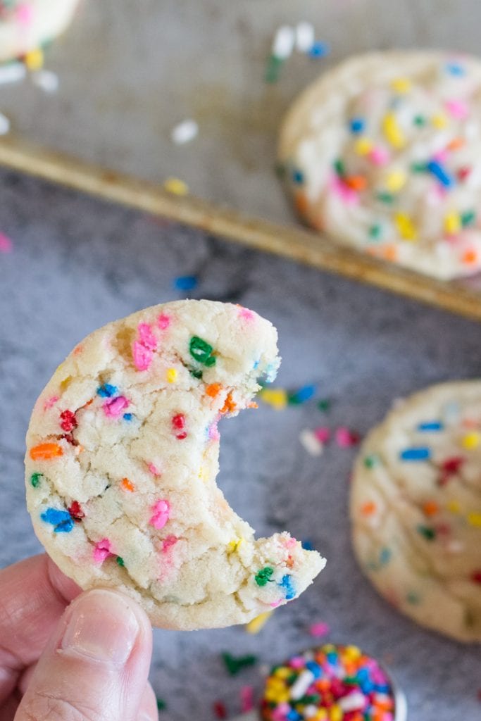 Funfetti Cookie with bite taken out of cookie