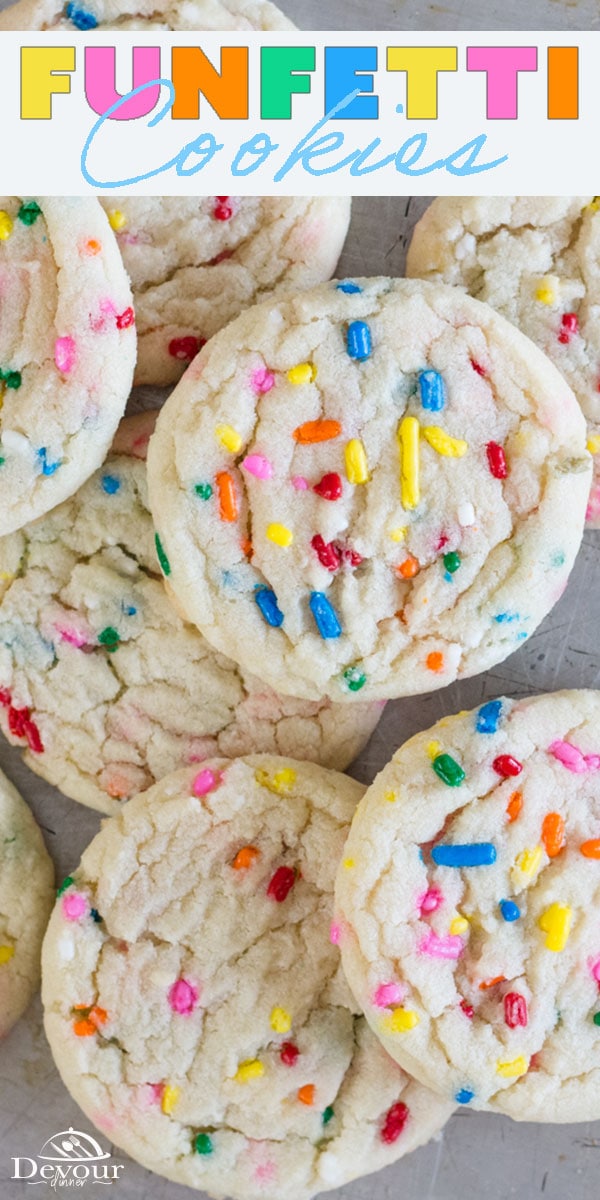 Making Funfetti Cookies that are soft and chewy is a must and this recipe is proven to be perfect every time. Sugar Cookies dotted with sprinkles will make you smile and have you coming back for more. Easy to make sugar cookie without a cake mix. #devourdinner #devourpower #funfetti #funfetticookie #funfettiecookies #funfetticookierecipe #cookie #cookierecipe #easyrecipe #dessert #howtomakefunfetticookies #boschmixer #boschuniversal #softsugarcookies #chewycookie #kidapproved #recipe