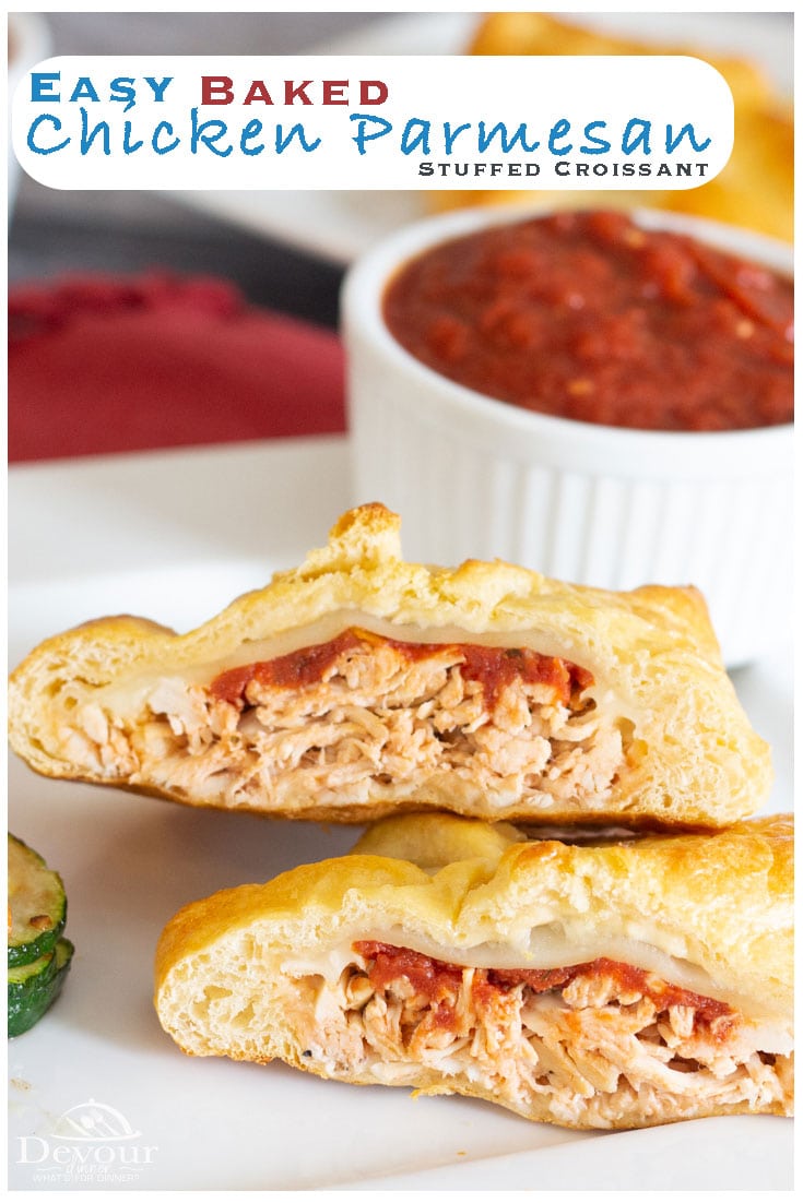 Easy Baked Chicken Parmesan a little bit of heaven stuffed in a croissant makes this a little bit like a deconstructed Chicken Parmesan but so quick and easy to make on those busy nights. These Chicken Pillows are filled with cooked chicken, marinara sauce and mozzarella. I know you are licking your lips. #devourpower #devourdinner #familyrecipe #familyrecipes #instantpot #instantpotrecipes #chickenparm #chickenparmesan #parmy #easydinner #easydinnerrecipe #recipe #yum #Recipeoftheday #food