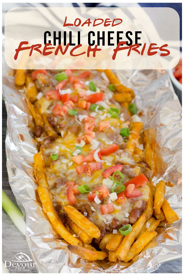 This is the Easiest Chili Cheese Fries on the Planet. I’ve perfected fun and easy recipes to whip out with company that will thrill everyone with a last minute snack. Chili Cheese Fries is one of those recipes I have in my back pocket. #devourdinner #devourpower #familyrecipes #familyrecipe #chilicheesefries #tinfoildinner #campingrecipes #grilled #baked #frenchfries #recipe #easyrecipe #easyrecipes #yum #yummy #buzzfeast #snackrecipe #easyrecipe