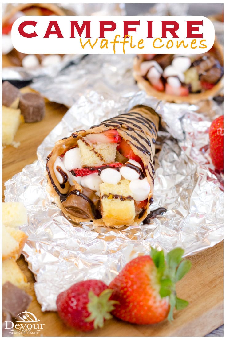 Fruit Waffle Cones, these simple desserts are so fun and everyone can make their own, which is a great activity at a group gathering. Make your own Charcuterie Board of ingredients and let everyone make their own. It will be a fun memory you will love. #devourdinner #devourpower #fruitwafflecones #campfirecones #easydessert #familyrecipes #easyfamilyrecipes #tinfoildessert #campingdessert #tinfoilmeal #fruitcup #inmytummy #recipeoftheday #dessert