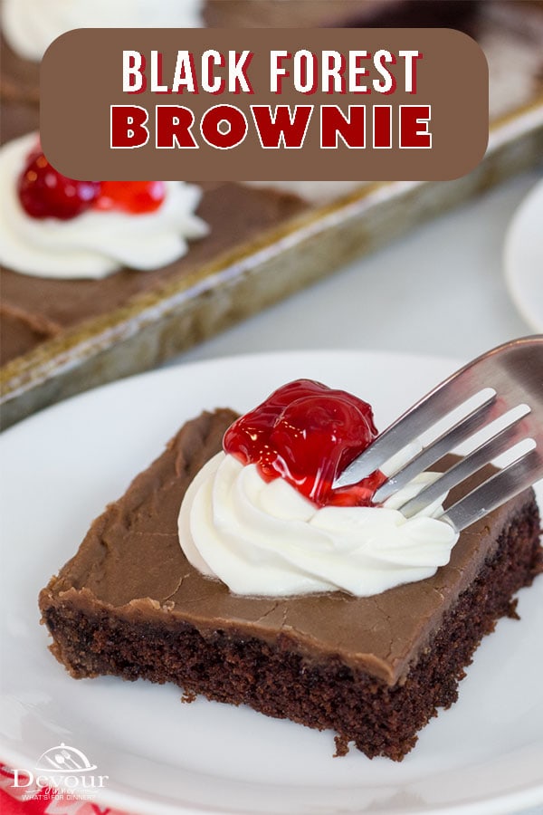 Fun twist on a classic recipe Black Forest Brownie are a delicious dessert to curb your sweet tooth. Made with a family favorite Brownie Recipe and topped with whipping cream and cherries. Oh it's as delicious as it sounds and so easy to make for a crowd too. #devourdinner #devourpower #blackforestdessert #blackforestbrownie #easyrecipe #recipe #recipes #foodie #YummyInMyTummy #onmyplate #foodtime #foodforthought #foodanddrink #feastgrams #barereaders #foodblogeats