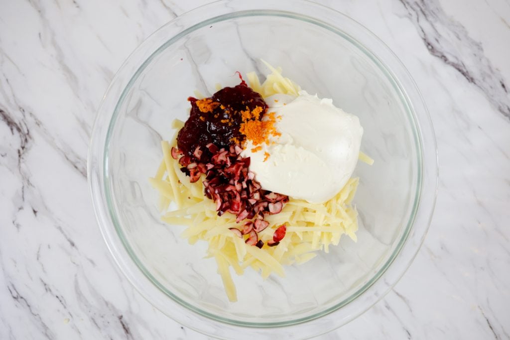 Mixing Bowl with Ingredients for Cranberry Cream Cheese Dip