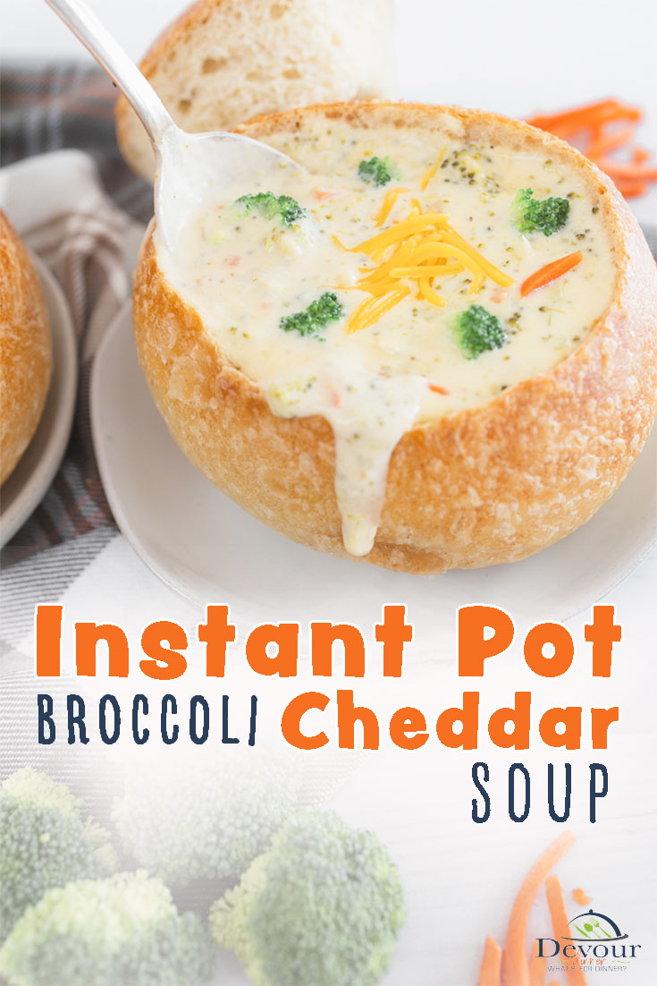 Popular Panera Broccoli Cheddar Soup Copycat Recipe with both Instant Pot and Stove top directions. Make a perfect bowl of soup you will love every last bite. Easy to make in the Instant Pot, add a little ham cubes for a little more umph and feed the family a delicious meal. #devourdinner #devourpower #instantpot #instantpotsoup #panerabroccolicheddarsoup #broccolicheddarsoup #familyrecipe #yum #yummy #soup #easysouprecipe