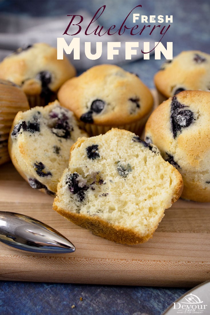 Burst of flavor with each bite in these Fresh Blueberry Muffins made easily in Jumbo, traditional and mini Muffin sizes. This recipe is perfect for a quick snack or to enjoy as a Breakfast. Use Fresh Blueberries or Frozen and don't forget to toss in flour so berries don't sink to the bottom. With a sweet flaky topping, each bite is delicious. #devourdinner #devourpower #bonappetitmag #thekitchn #recipeoftheday #americastestkitchen #buzzfeedfood #cooksillustrated #tastemade #inmykitchen #cookit