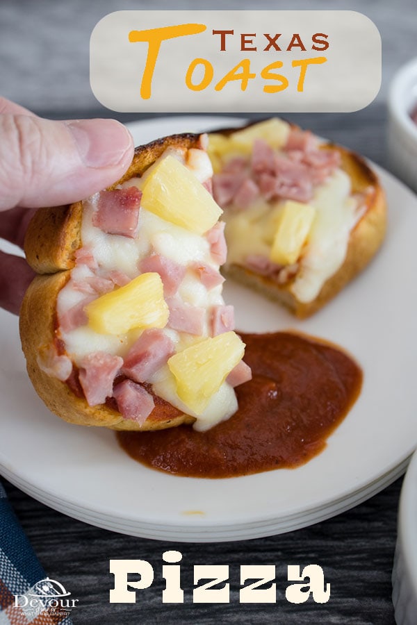 Personal Texas Toast Pizza a fun and easy lunch or snack that big and little kids enjoy. Made with Texas Toast, Pizza Sauce, Mozzarella Cheese and your favorite pizza toppings. Fun recipe to teach the kids. Use Frozen Texas Toast or make your own! It's a perfect snack or lunch. #devourdinner #devourpower #garlictexastoast #easyrecipe #kidslunch #kidapproved #easyrecipe #easylunch #personalpizza #texastoast