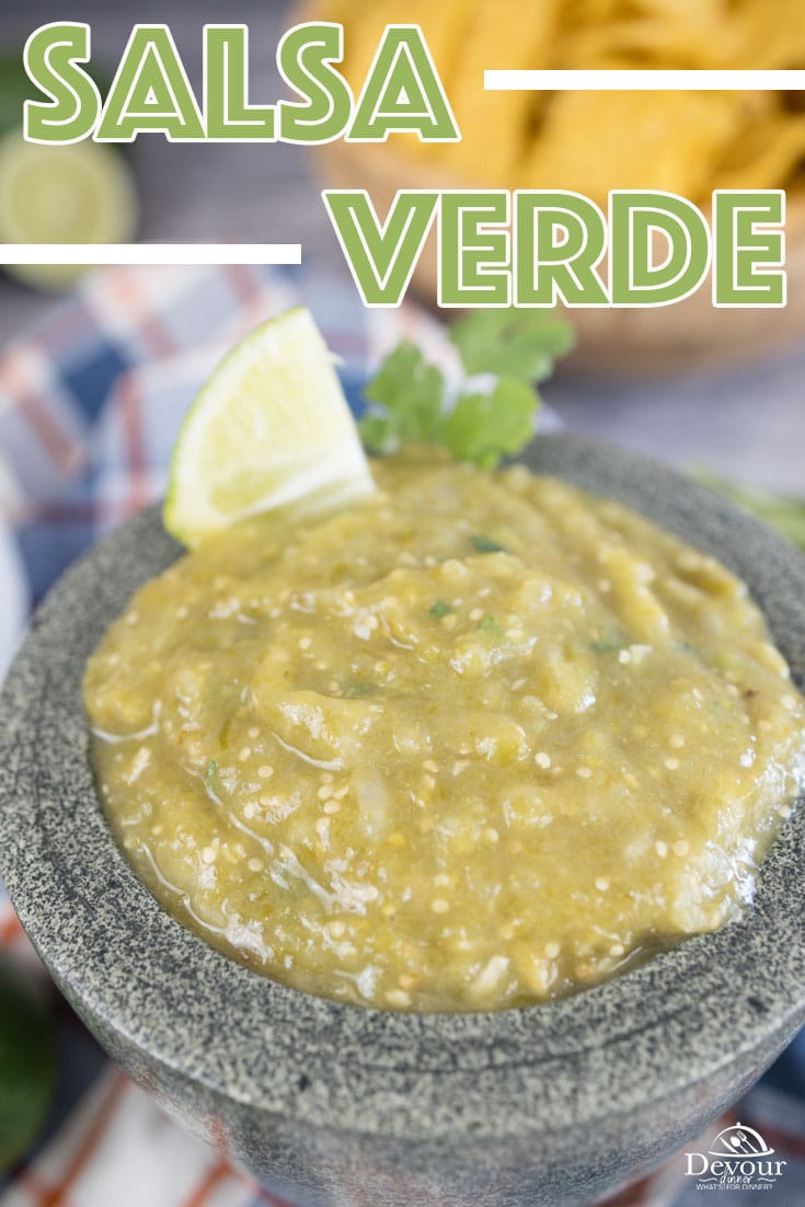 Salsa Verde is easy to make using fresh ingredients, right from home. Choose tomatillos, onion, chili peppers, and garlic and roast in oven. Blend ingredients together to create a delicious green salsa. Use for dipping with chips or in a recipe. Fresh Salsa can be frozen and saved for later. #devourdinner #devourpower #foodiefriday #greensalsa #salsaverde #salsaverderecipe #homemadesalsaverde #iammartha #gardenfresh #salsa #diprecipe #yum #cincodemayo #easyrecipe #cincodemayo #yum #yummy