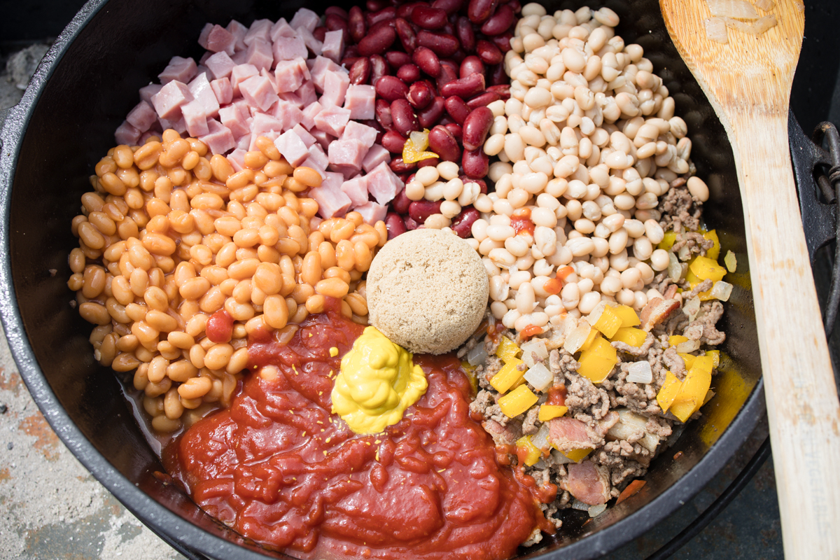 Cowboy Bean ingredients in Dutch Oven