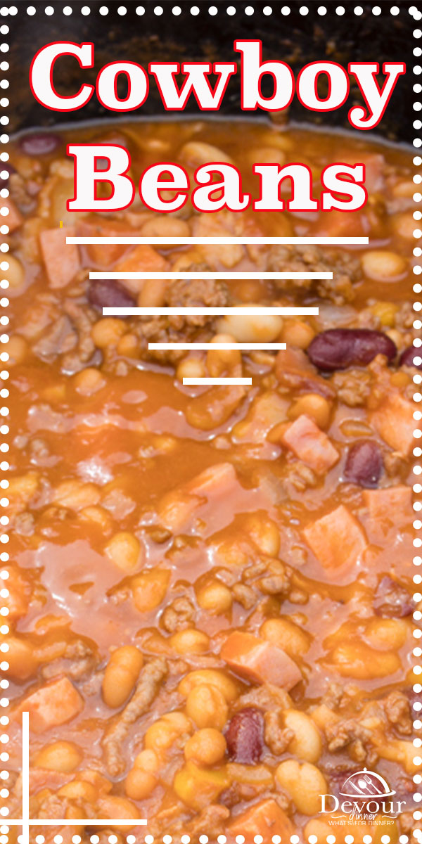 Cowboy Beans an award-winning recipe. Step by Step directions for cooking with Cast Iron Dutch Oven over Charcoal and additional directions for Baking or Crock-Pot to fit everyone's needs. These Baked Beans can be served as a side dish or a meal. Perfect recipe for BBQ Potlucks and Camping. #lodgecastiron #devourdinner #devourpower #cowboybeans #easyrecipe #familyrecipe #BBQWeek #dutchoven #dutchovencooking #bakedbeans #dutchovenbeans #iammartha #fathersdayrecipe #campingmeals #campingrecipe