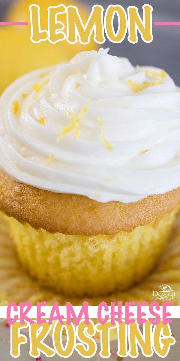 Creamy and Zesty Lemon Cream Cheese Frosting a winning recipe for Cupcakes, Cakes, Cinnamon Rolls and Cookies. Made with Butter, Cream Cheese, Lemon Juice, Zest, and Powdered Sugar. The only Lemon Frosting Recipe you will ever need. #devourdinner #devourpower #iammartha #lemonfrosting #lemoncreamcheesefrosting #creamcheesefrosting #icing #dessert #easyrecipe #familyrecipe #awardwinng #buzzfeed #bonappetitmag #thekitchn #recipeoftheday #americastestkitchen #buzzfeedfood #cooksillustrated