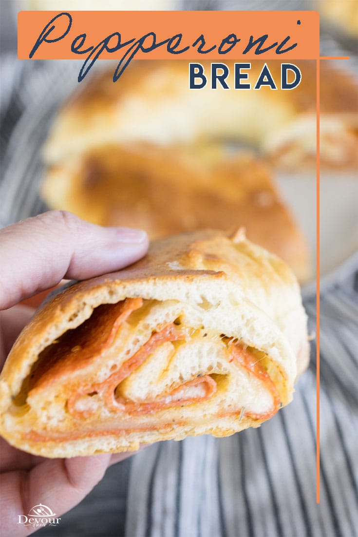 Pepperoni Bread Recipe made with Pizza Dough, Cheese, Pepperoni, and seasonings, fun lunch or snack. Made with Pillsbury Pizza Dough. Fun Recipe the entire family will love with many substitution ideas for even picky eaters. #devourdinner #devourpower #whatsfordinner #pepperonibread #pizzabread #easyrecipe #familyrecipe #recipeoftheday #yum #yummy #lunchrecipe #kidrecipe #kidfriendly #pizza #pizzabread #pepperonibread #pepperonibreadrecipe #buzzfeast