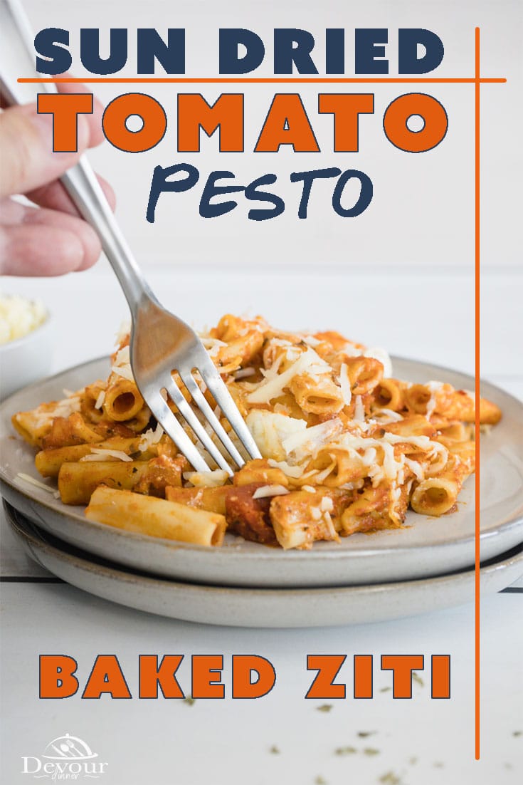 Baked Ziti, a Sun Dried Tomato Pesto Pasta Recipe is rich in flavor and a delicious kid-friendly recipe made in the Instant Pot or Stove Top. Creamy pasta recipe made with or without meat. Easy step-by-step directions for this 30-minute meal. #devourdinner #devourpower #familyrecipe #easyrecipe #iammartha #bonappetitmag #thekitchn #recipeoftheday #americastestkitchen #buzzfeedfood #cooksillustrated #foodgawker #bareaders #instantpot #instantpotrecipe #bakedziti #casserole #maincourse #yummy