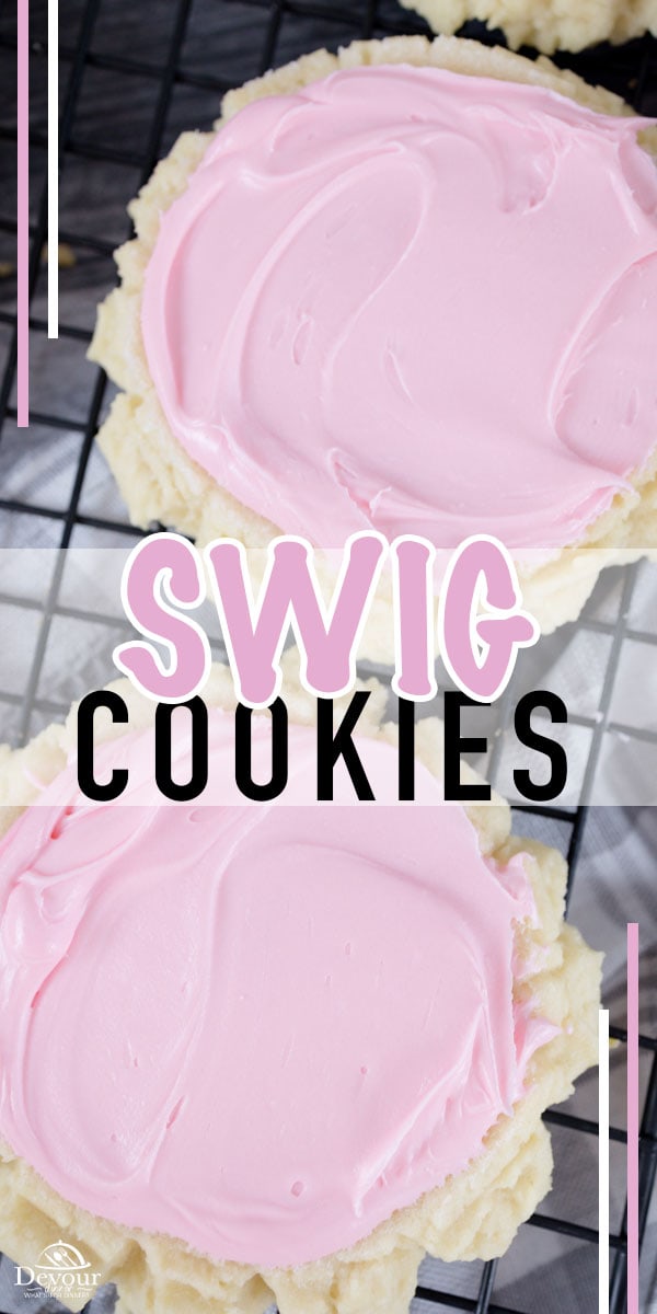 Classic Frosted Sugar Swig Cookies with fluffy pink frosting are served chilled. These large sugar cookies are dusted in sugar and a favorite sugar cookie recipe. Copycat Crumbl Recipe with a giant soft sugar cookie. Made with flour, sugars, butter, oil, and frosted in light pink frosting. Freeze up to 3 months. #devourdinner #devourpower #whatsfordinner #swigcookies #swigsugarcookie #cookierecipe #crumbl #crumblcopycat #dixiecrystals #easyrecipe #familyrecipe #dessertrecipe #coookie