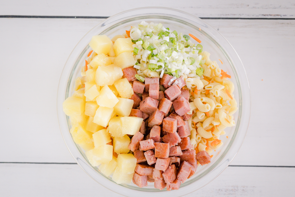 Hawaiian Mac Salad with Spam ingredients in bowl