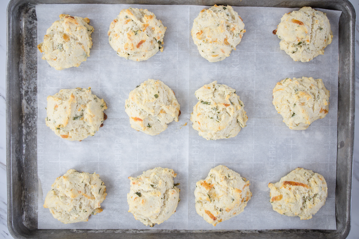 Baked Drop Biscuits on Cookie Sheet