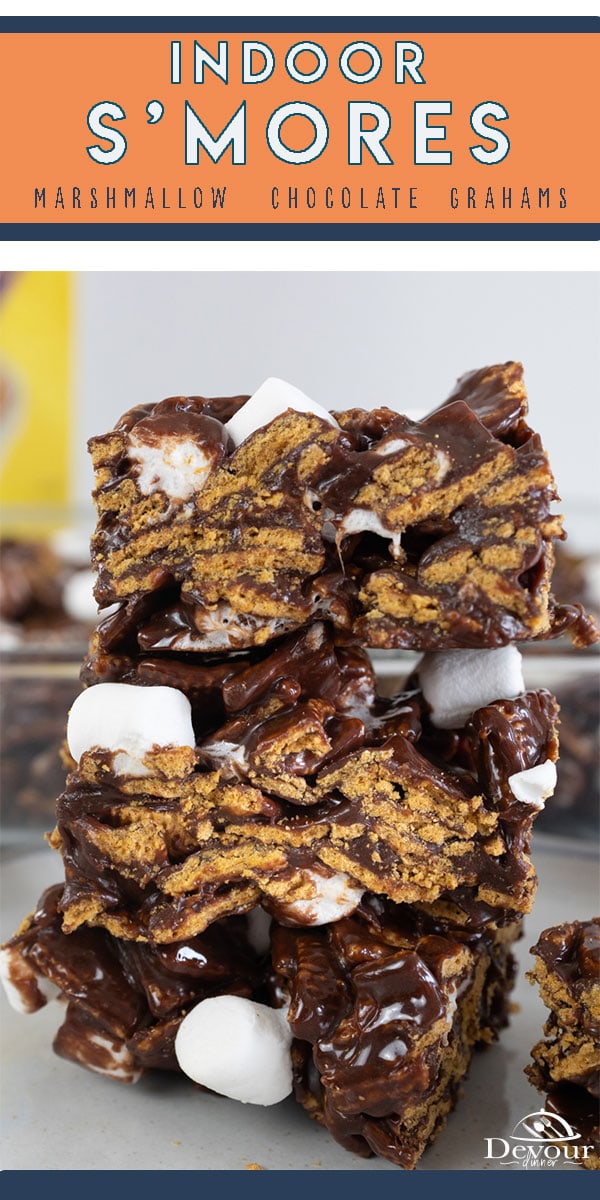 This fun twist on Rice Krispie Treats is an Indoor S'mores Recipe. Made with Chocolate Chips, Golden Grahams, Marshmallows, Butter, and Vanilla. Fun additional Add ins making these a treat you will love to enjoy and share. Make 12 large size squares or 24 smaller bite size. #devourdinner #devourpower #whatsfordinner #indoorsmores #smoresrecipe #easyrecipe #funrecipe #ricekrispie #dessertrecipe #easyrecipe