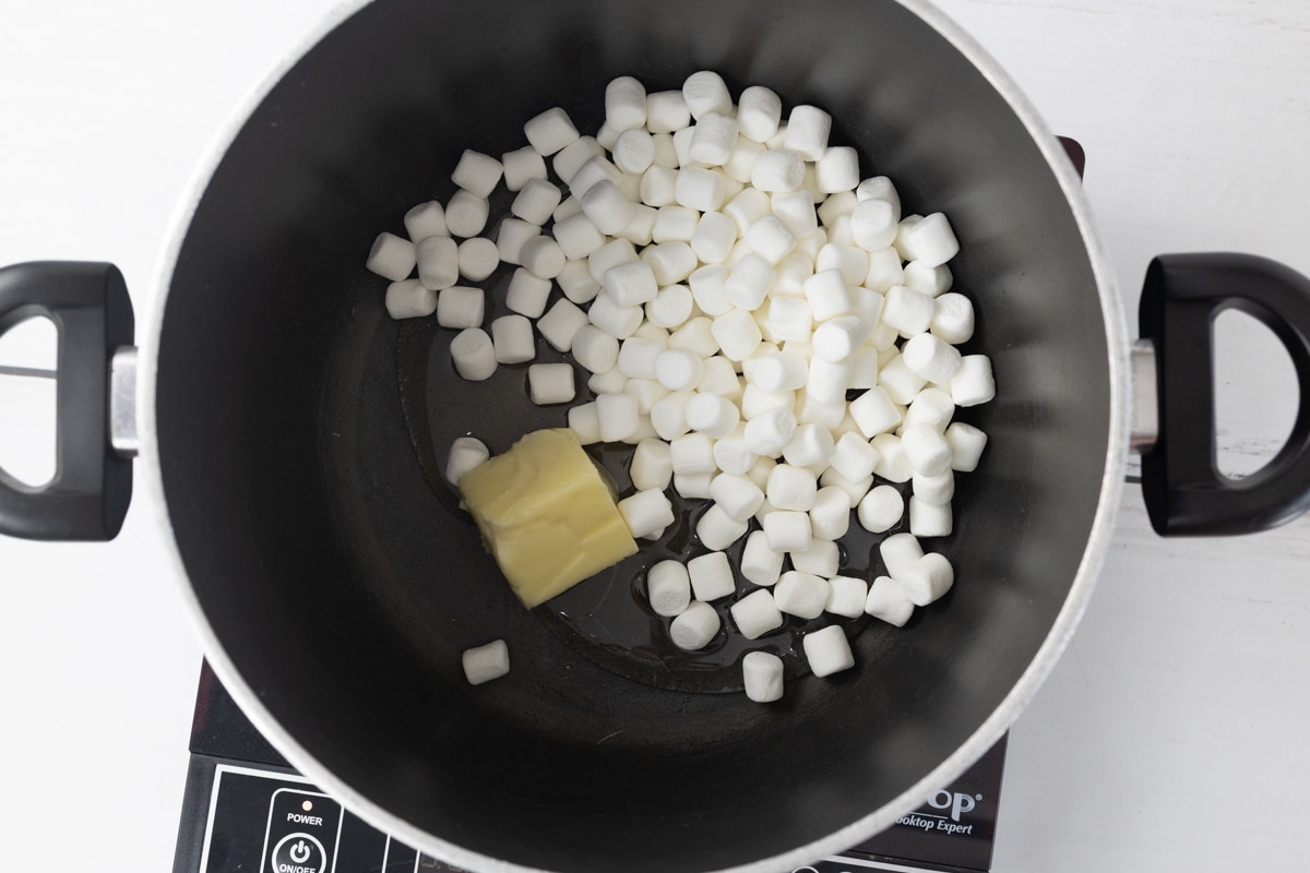 Marshmallows, Butter, Karyo Syrup in pot