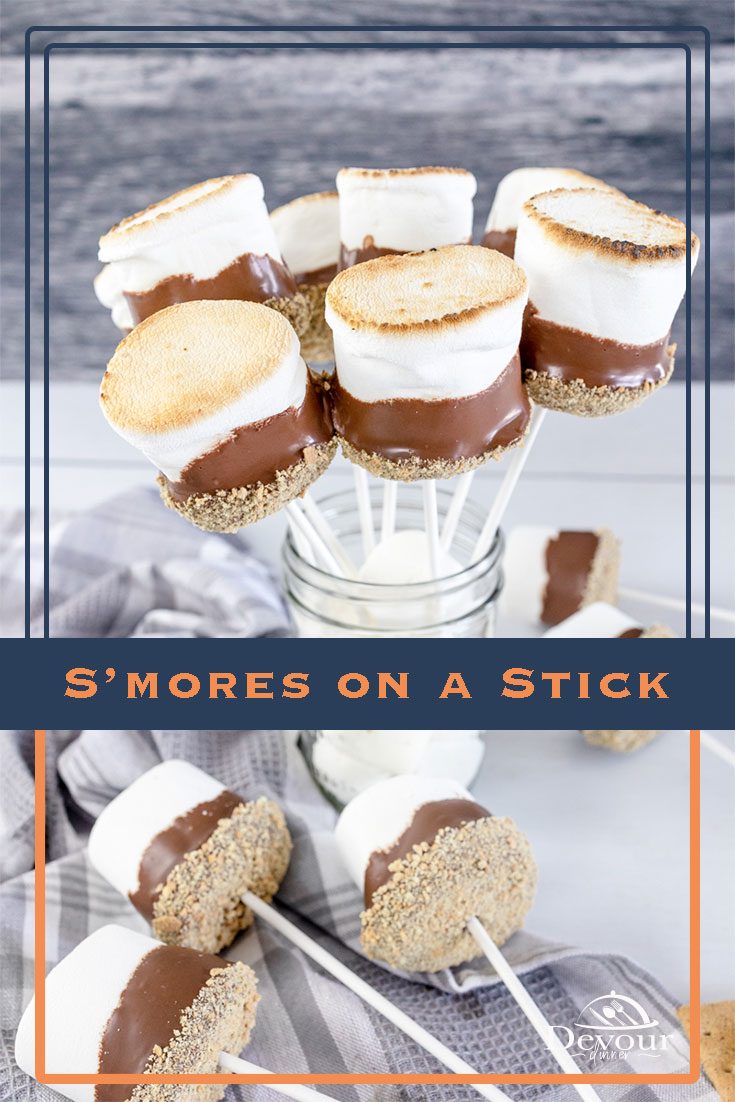 Easy and fun S'more on a Stick Dessert Recipe to celebrate National S'more Day on August 10th with a Marshmallow Pop Recipe. Dipped in Chocolate and crushed Grahams then perfectly toasted for a delicious treat. Smore on a stick! #devourdinner #devourpower #whatsfordinner #smores #smoresrecipe #marshmallow #cooksillustrated #food52grams #whatsonmyplate #simplerecipes #tastemade #huffposttaste #summerrecipe #familyrecipe #easyrecipe #yum #yummy