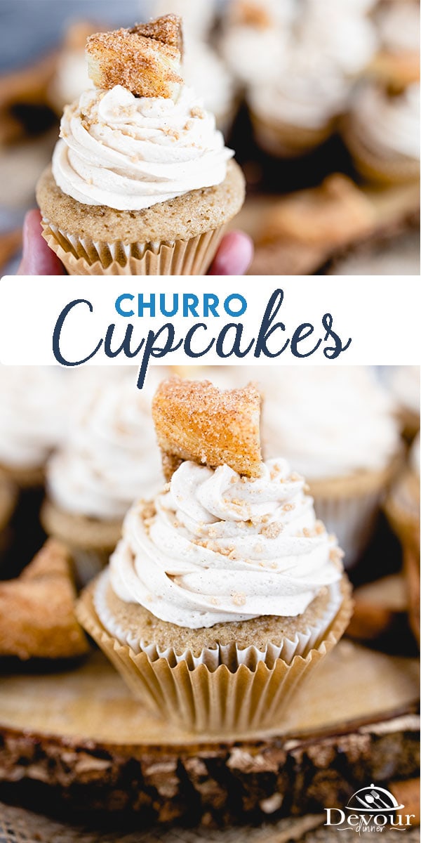 Easy Churro Cupcake Recipe made from scratch with delicious sweetened cinnamon sugar frosting. Top with a Churro Bite and cinnamon and sugar for an added sweetness to every bite. Small batch makes 12 cinnamon cupcakes. Delicious treat for any Fall party or event. #devourdinner #devourpower #churro #churrocupcakes #easychurrocupcakes #churrocupcakesrecipe #dixiecrystals #cupcake #baking #yum #yummy #bonappetitmag #thekitchn #recipeoftheday #americastestkitchen #buzzfeedfood #cooksillustrated