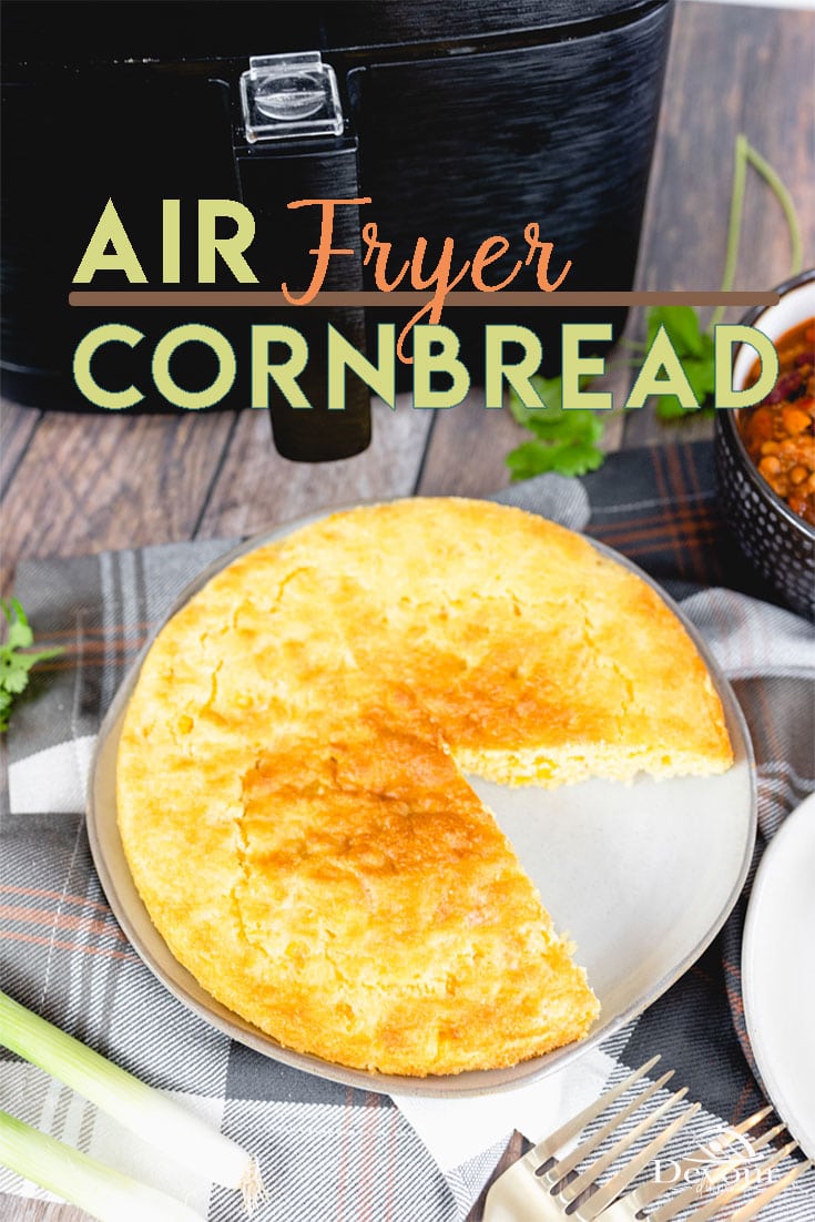 Simple Jiffy Cornbread Air Fryer Recipe with added whole kernel sweet corn. Fun recipe to serve as side dish with dinner or enjoy with a bowl of Chili. Made with Jiffy Cornbread Mix, Egg, Milk and corn. Easy recipe that bakes up quick. #devourdinner #devourpower #cornbread #airfryercornbread #easyrecipe #bonappetitmag #thekitchn #recipeoftheday #americastestkitchen #buzzfeedfood #cooksillustrated #foodgawker #bareaders #foodblogfeed #droolclub #makeitdelicious #scrumptiouskitchen #yummy