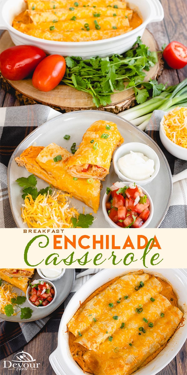 Easy to make Breakfast Casserole, Enchilada Casserole is a delicious morning breakfast or brunch recipe made with breakfast sausage, bell pepper, and hash browns and rolled in a tortilla. Covered in an Enchilada Sauce and egg mixture for a perfect overnight breakfast casserole. #devourdinner #devourpower #breakfastcasserole #enchiladacasserole #bonappetitmag #thekitchn #recipeoftheday #americastestkitchen #buzzfeedfood #cooksillustrated #foodgawker #bareaders #foodblogfeed #droolclub #yum