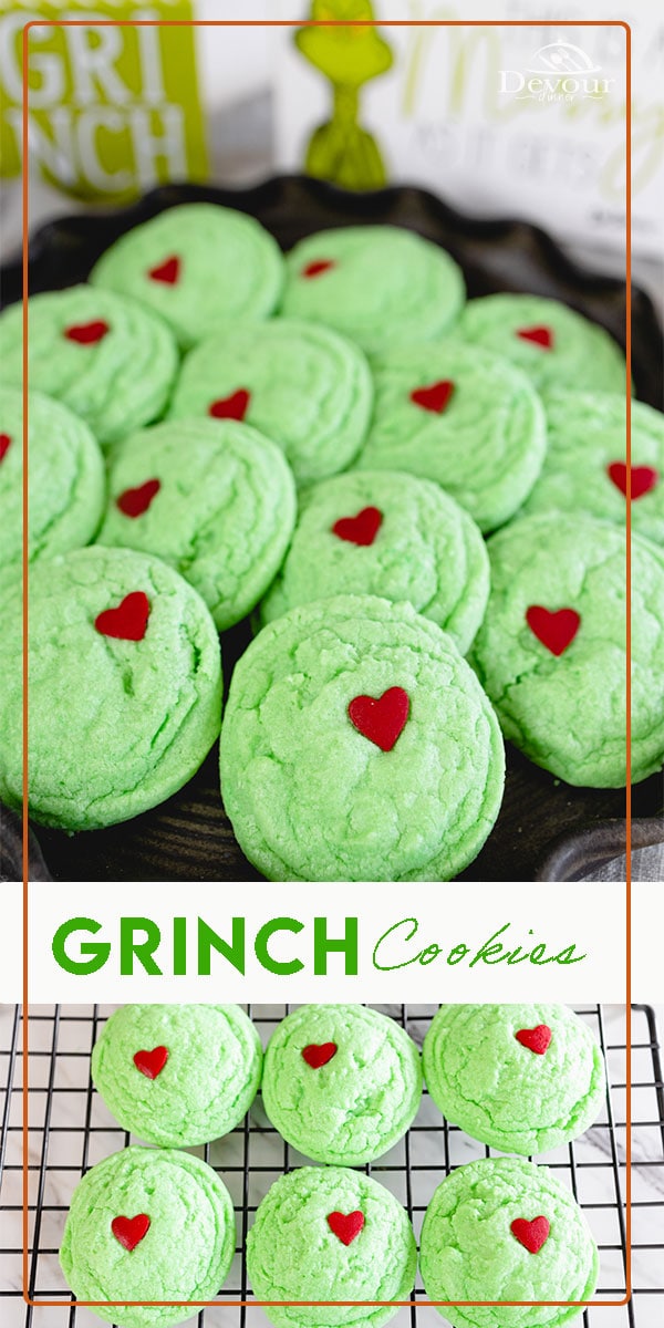 Your heart will grow 3 sizes when you bite into these fun and delicious Grinch Sugar Cookies. A soft and chewy sugar cookie that is crispy on the outside. Made with butter, vegetable oil, sugar, powdered sugar, flour, egg, baking powder and cream of tartar. Perfect soft and delicious. #devourdinner #devourpower #grinchcookies #easydessert #grinchsugarcookies #yum  #buzzfeedfood #eeeeats #firstweeat #eatcaptureshare #eatprettythings #makeitdelicious #iprecipes #instantpoteats #instantpotlove