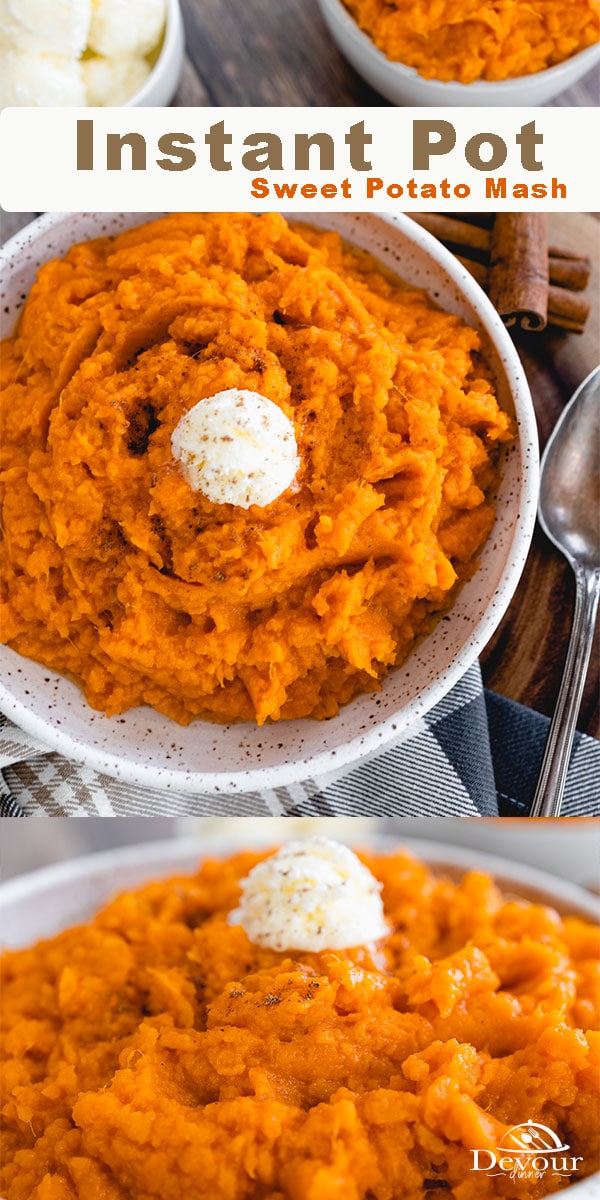 Quick & easy Instant Pot Mashed Sweet Potatoes are a colorful side dish & tasty recipe. Healthy and nutritious a welcome recipe at the table. Made with peeled and diced Sweet Potatoes, Salt, Pepper and butter. A Gluten Free recipe that can be topped with your favorite toppings from craisins, to maple syrup and even a toasted pecan. #devourdinner #devourpower #instantpotsweetpotato #sweetpotatomash #mashedsweetpotato #foodblogfeed #foodstagram #foodphotography #buzzfeedfood #feedfeed #foodcoma