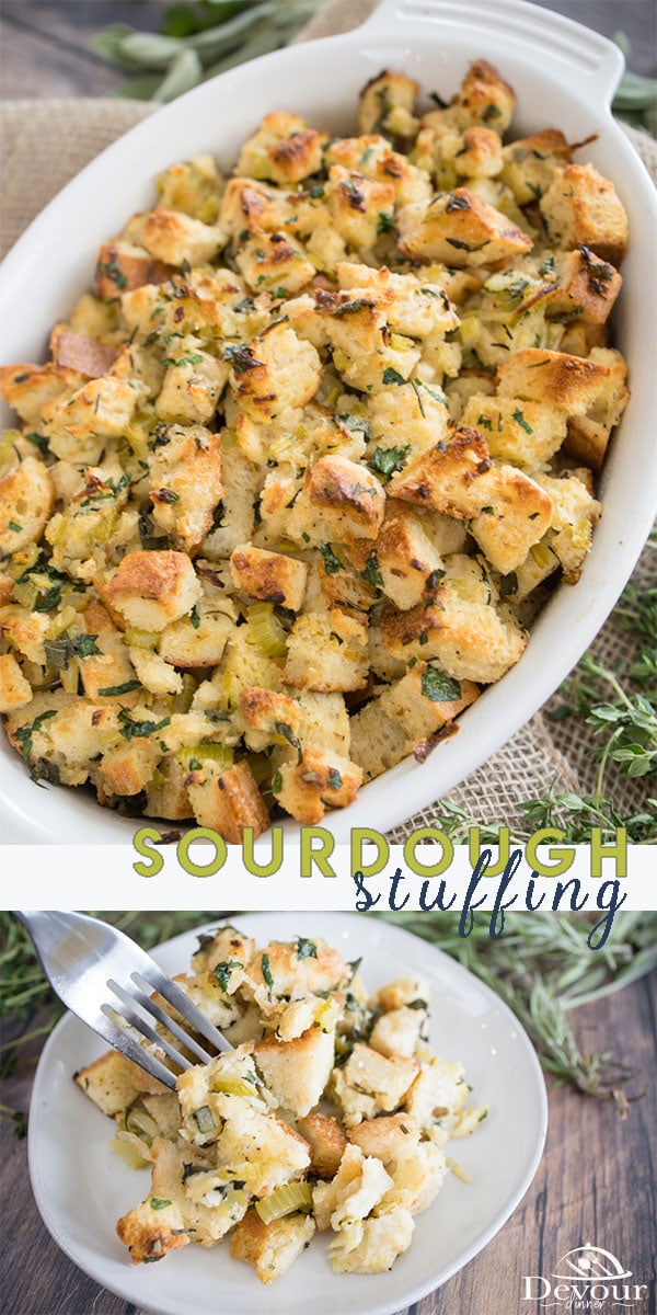 You will love making Homemade Herb Sourdough Stuffing. Fresh ingredients and full of flavor makes this recipe delish, right next to Grandma's recipe. Made with Sourdough bread cubes, fresh herbs, and sauteed vegetables it's a fun recipe for the holidays. Create memories with your Thanksgiving meal. #devourdinner #devourpower #thanksgiving #holiday #stuffing #sourdoughstuffing #foodblogfeed #foodstagram #foodphotography #buzzfeedfood #feedfeed #foodcoma #foodgawker #foodblog #forkyeah #eeeeats 