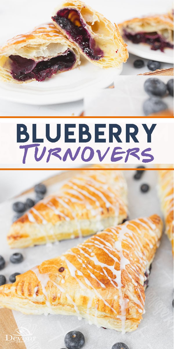 Blueberry Turnovers made with fresh blueberry filling and Pepperidge Farm Puff Pastry topped with a vanilla glaze drizzle. Step by step directions and substitutions for a delicious sweet turnover recipe made fresh. #devourdinner #devourpower #turnovers #Puffpastry #pepperidgefarms #blueberryturnovers #dessertrecipe #bonappetitmag #thekitchn #recipeoftheday #americastestkitchen #buzzfeedfood #cooksillustrated #foodgawker #bareaders #foodblogfeed #droolclub #makeitdelicious #scrumptiouskitchen