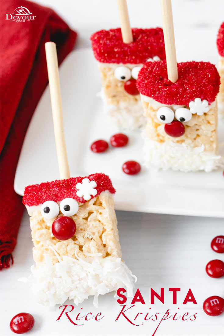 Quick and Easy Santa Rice Krispy Treats a fun Snack Craft everyone will enjoy. Made with Rice Krispies, white chocolate, coconut, candy eyes and nose.