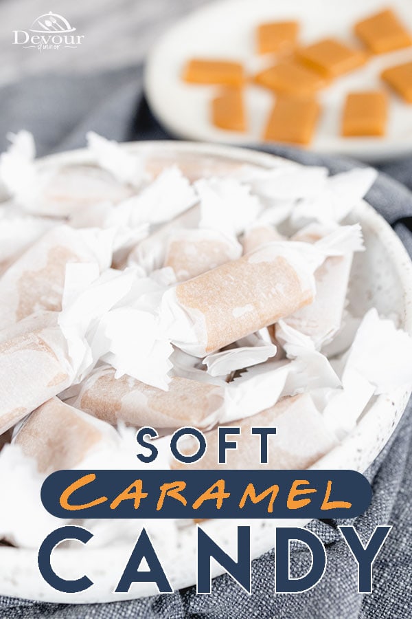 Are you ready for a delicious soft and chewy caramel candy recipe? I've got all the tips and tricks to help you make perfect homemade caramels all season long. Fun and easy to make with butter, brown sugar, sweetened condensed milk, corn syrup and vanilla. #devourdinner #devourpower #bonappetitmag #thekitchn #recipeoftheday #americastestkitchen #buzzfeedfood #cooksillustrated #foodgawker #bareaders #foodblogfeed #droolclub #makeitdelicious