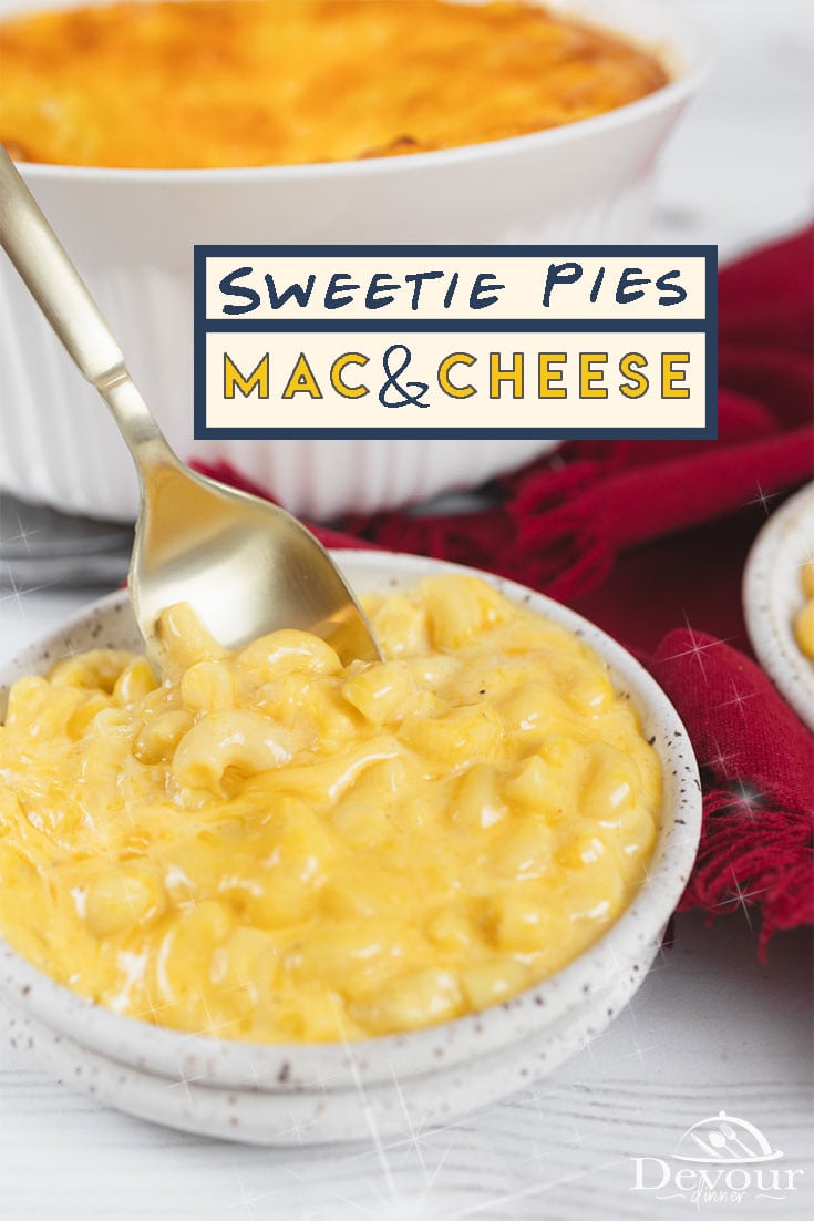 Rich creamy and perfectly delicious a baked Macaroni and Cheese recipe from Sweetie Pie's. A copycat recipe. Sweetie Pies Diner in St. Louis is a cafeteria style restaurant where Mac and Cheese is a must have side dish. #devourdinner #devourpower #sweetiepiesmac&cheese #sweetiepiesmacandcheese #macandcheese #macaroniandcheese #easyrecipe #sweetiepies #pasta