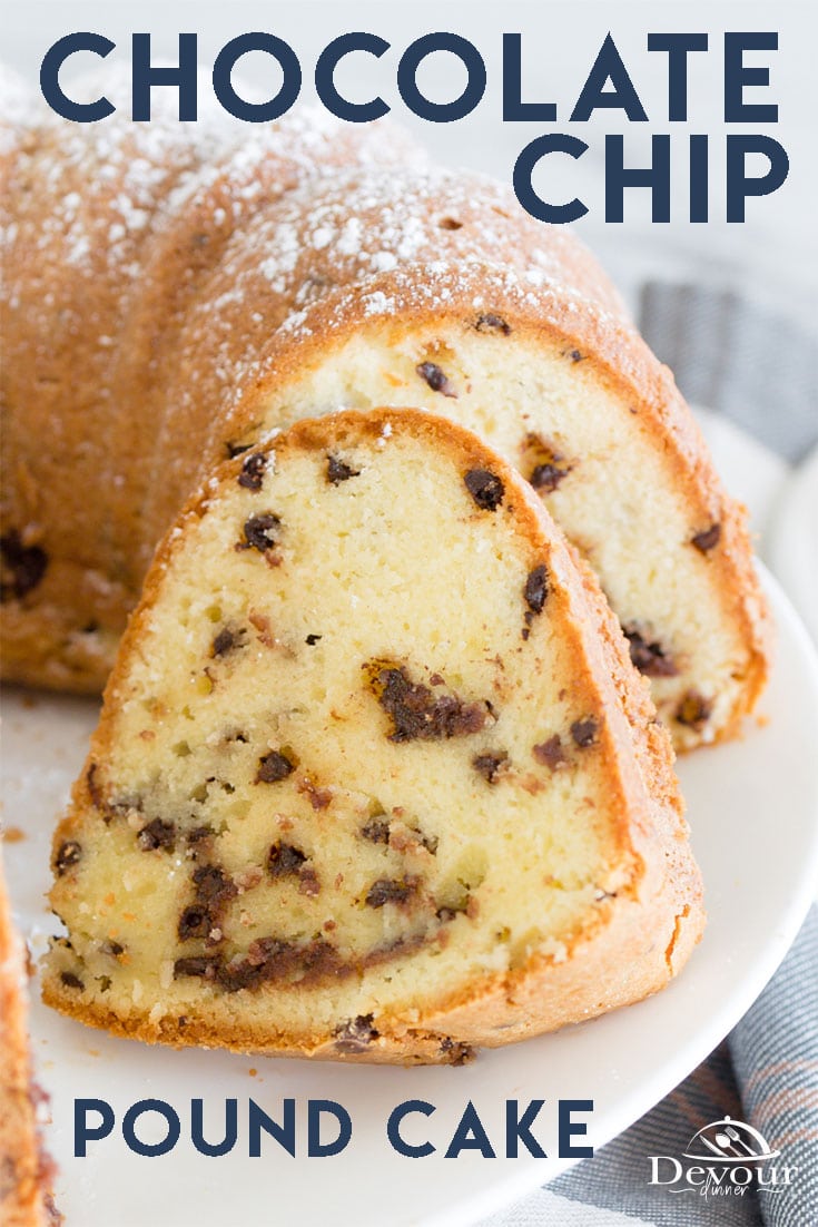 Velvety smooth dotted with delicious chocolate morsels this Chocolate Chip Pound Cake can be baked in a bundt pan or loaf pans for a delicious and tasty snack. Perfect when served at an afternoon Brunch or just because. Chocolate Chip Pound cake is made with butter, cream cheese, eggs, sugar, flour, vanilla extract. #devourdinner #devourpower #poundcake #chocolatechippoundcake #poundcakerecipe #easyrecipe #yum #yummy #chocolatechippoundcakerecipe #iammartha #foodiefriday #phillycreamcheese