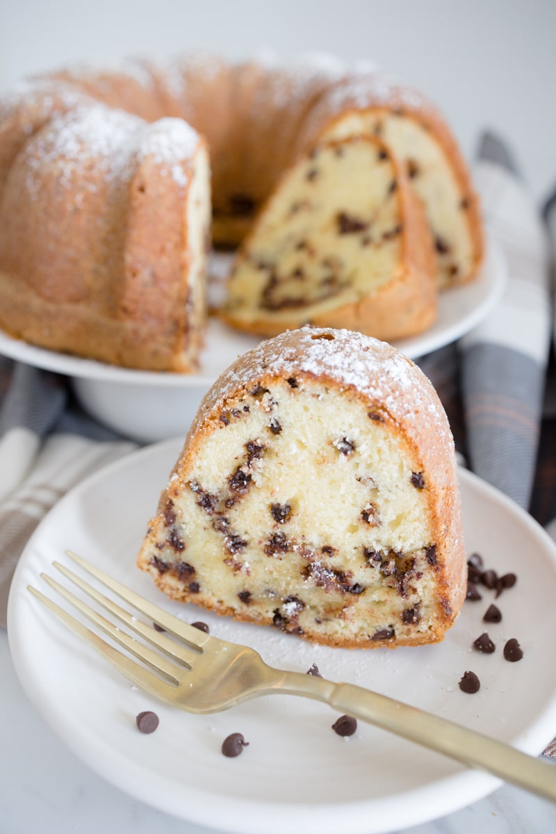Chocolate Chip Pound Cake with Powdered Sugar on top